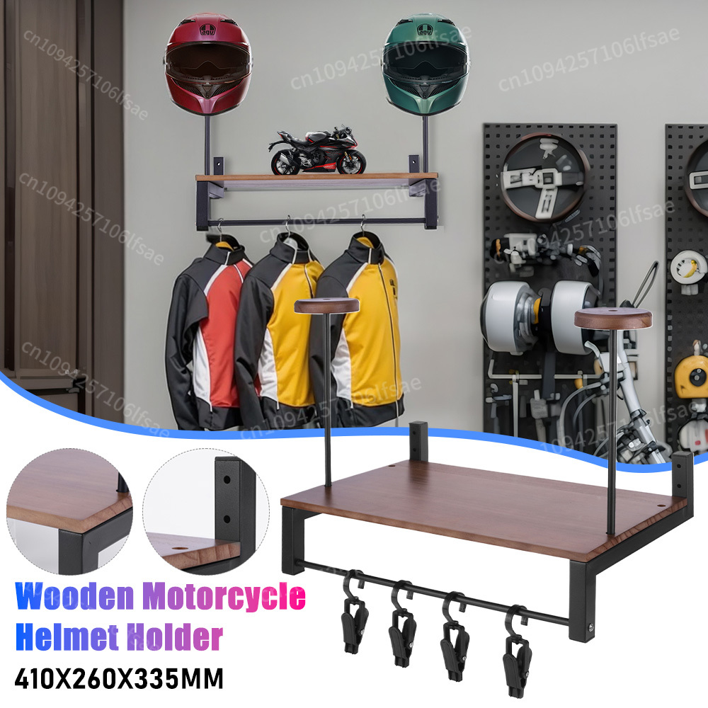 Motorcycle Gear Display Rack - 木製ディスプレイラックオートバイアクセサリー用壁掛けヘルメットハンガー5フック付きオートバイギアオーガナイザー棚モト機器