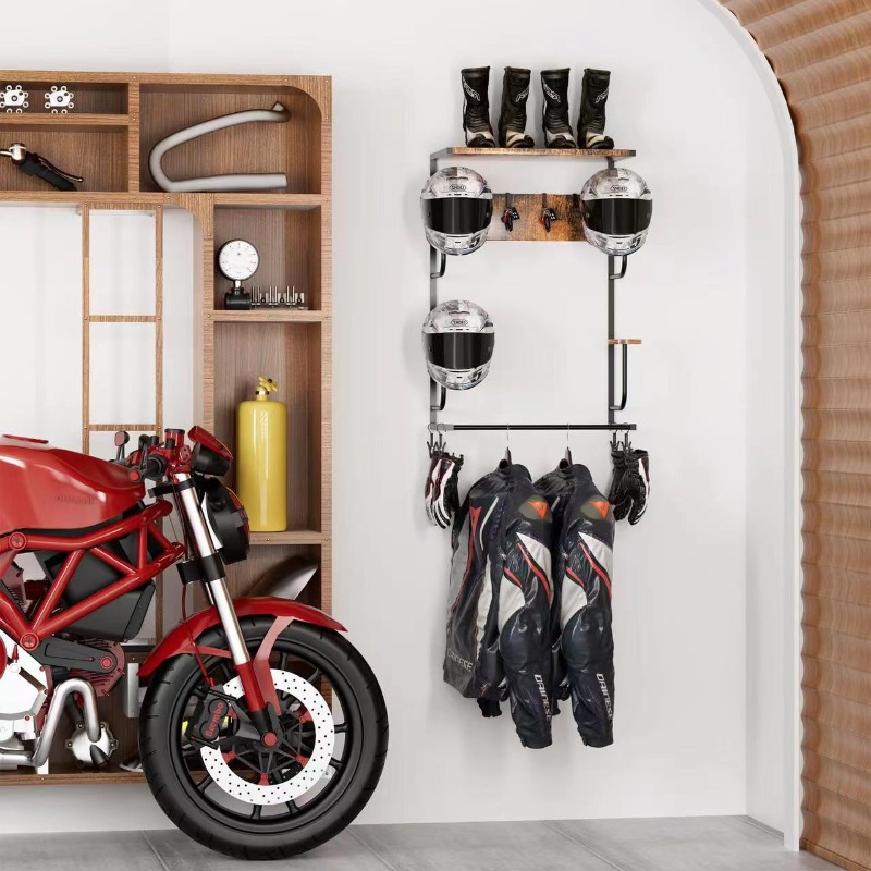 Motorcycle Gear Display Rack - 木製壁掛けヘルメットホルダー、オートバイヘルメットディスプレイラックハンガー、レーシングギア用