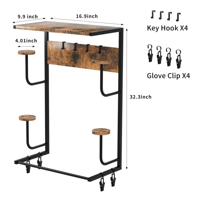 Motorcycle Gear Display Rack - 木製カラーのオートバイヘルメット壁掛けホルダー（4つの帽子スタンドとグローブフック付き）、オートバイギアディスプレイ収納ラック