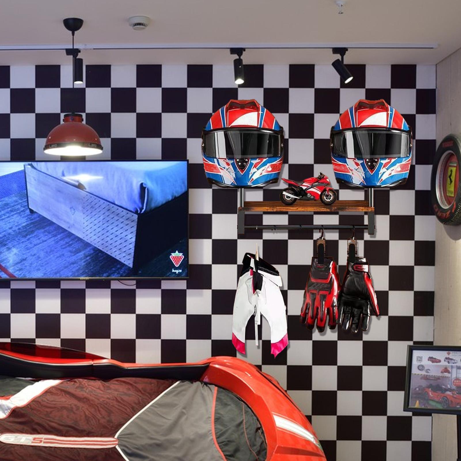 Motorcycle Gear Display Rack - 木製オートバイヘルメットディスプレイラック壁掛けラック乗馬グローブフックジャケットハンガーオートバイギアオーガナイザー棚