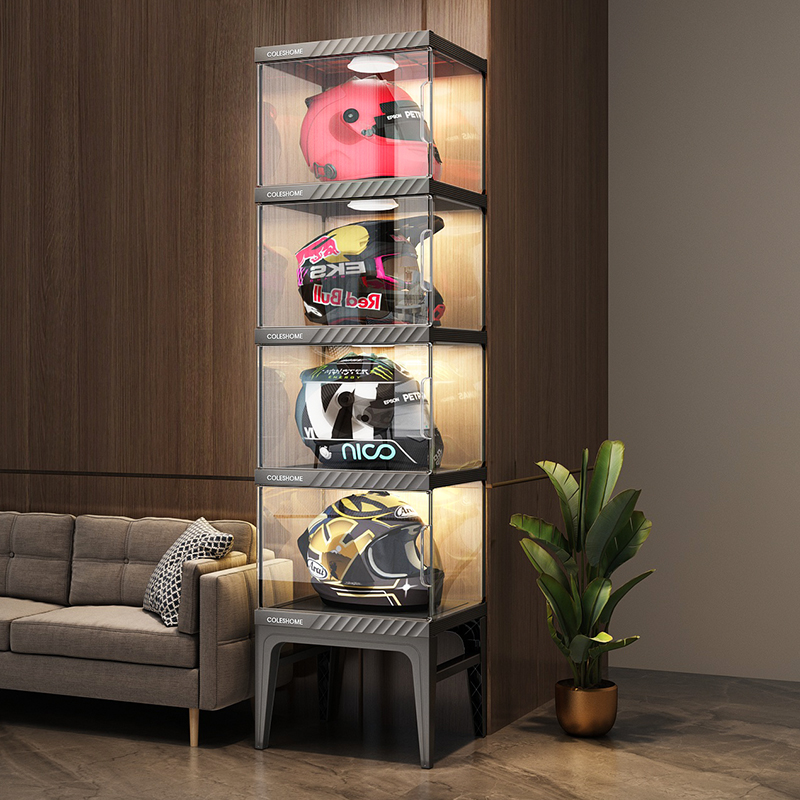 Motorcycle Gear Display Rack - オートバイヘルメット収納キャビネット ギアやフィギュア用のスタイリッシュなディスプレイケース 革新的なデザインのホームオーガナイザーラック