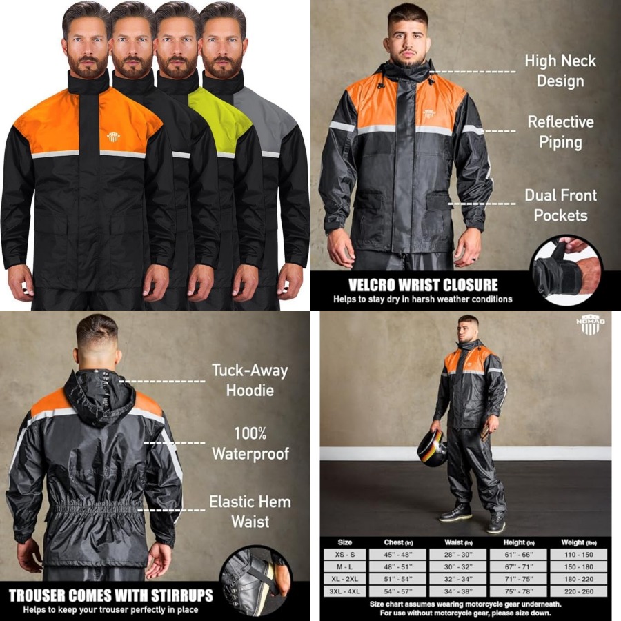 Motorcycle Gear Hoodie - 防水オートバイレインスーツ、2ピース反射材付き、軽量ライディングジャケット＆パンツ、フード付き保護レインコート