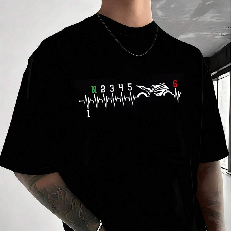 Motorcycle Gear Sleeve - 1N23456 ギアバイカーハートビートオートバイグラフィックプリント Tシャツ男性と女性のコットンカジュアル半袖 O ネック Tシャツ