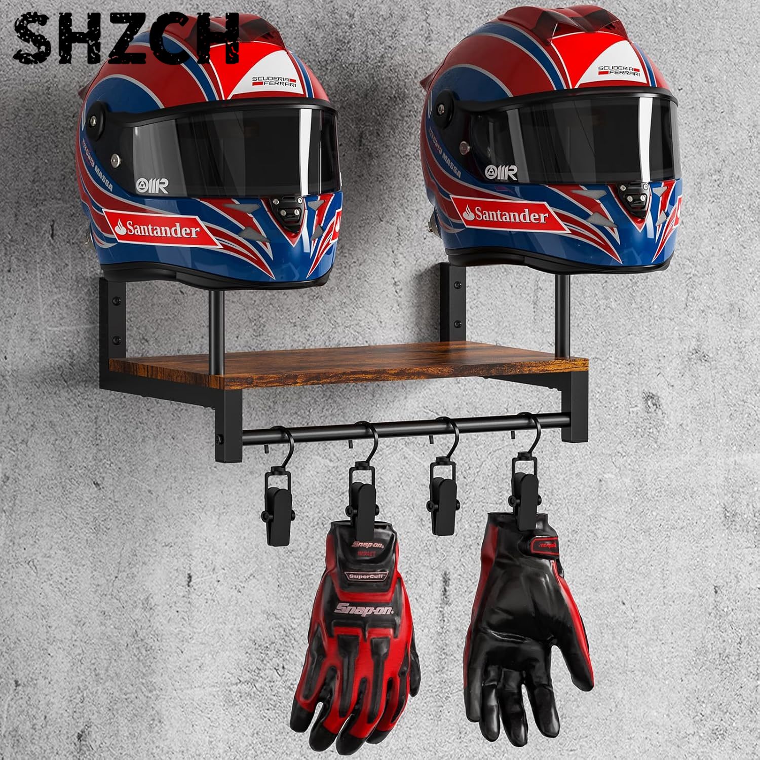 Motorcycle Gear Display Rack - デュアルオートバイヘルメットラック、壁掛け木製ディスプレイスタンド（ジャケット＆キー用フック付き）、バイカーギアオーガナイザー