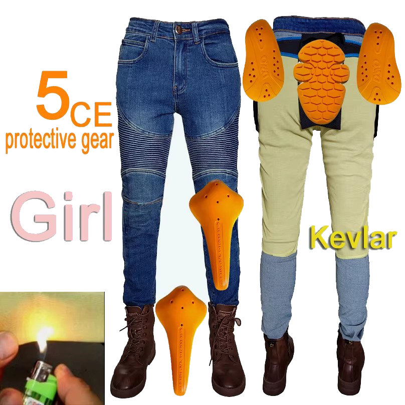 Motorcycle Gear Blue - 女性用バイクジーンズ ケブラー モトパンツ 保護ギア ライディング ツーリング