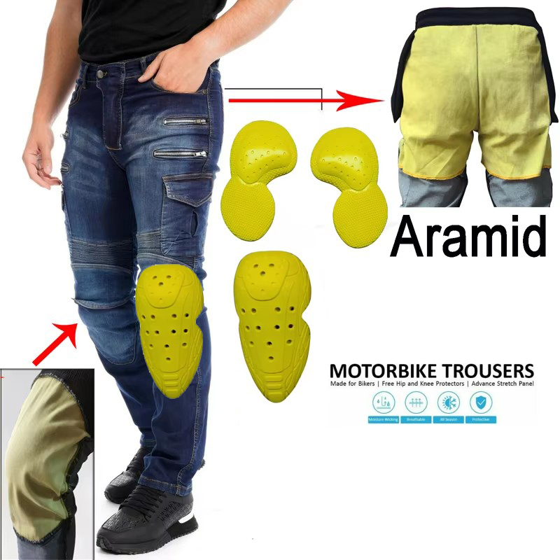 Motorcycle Gear Blue - アラミド素材のオートバイパンツ メンズ ジッパー付き保護ギア ブルー バイク用ズボン ファットマン