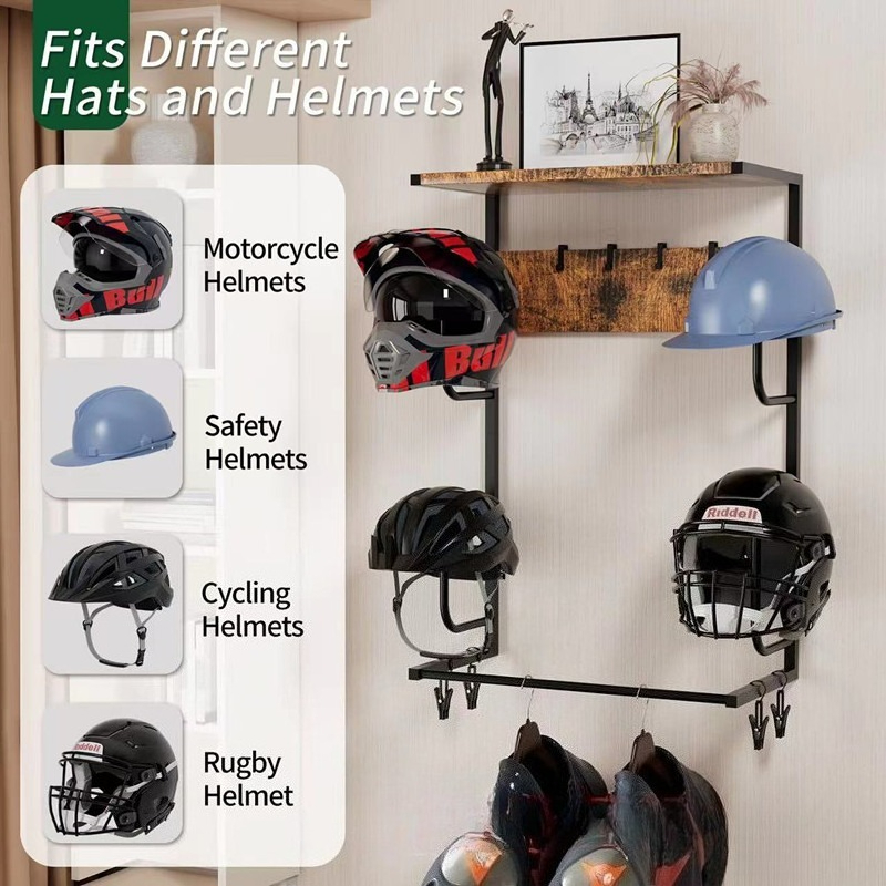 木製壁掛けヘルメットホルダー、オートバイヘルメットディスプレ - Motorcycle Gear Display Rack のレビューと価格
