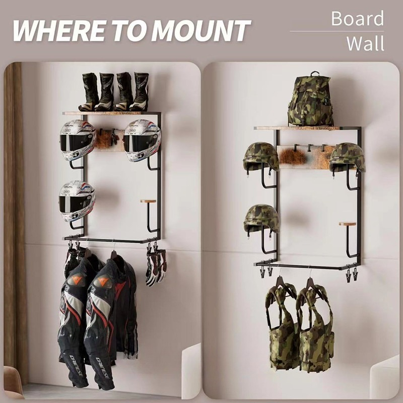 木製壁掛けヘルメットホルダー、オートバイヘルメットディスプレ - Motorcycle Gear Display Rack のレビューと価格