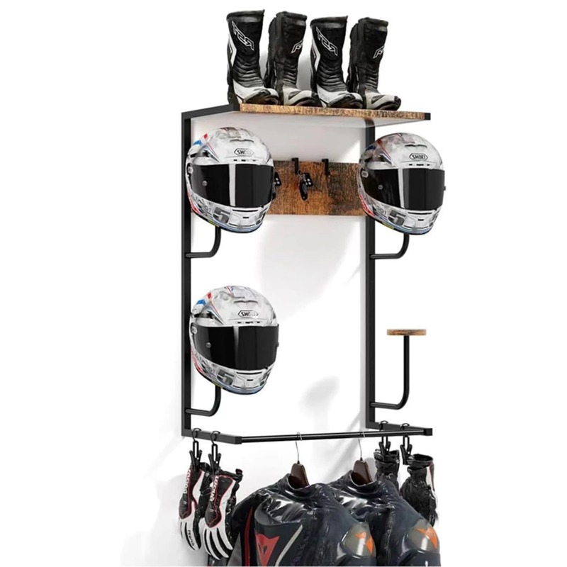 木製カラーのオートバイヘルメット壁掛けホルダー（4つの帽子ス - Motorcycle Gear Display Rack のレビューと価格