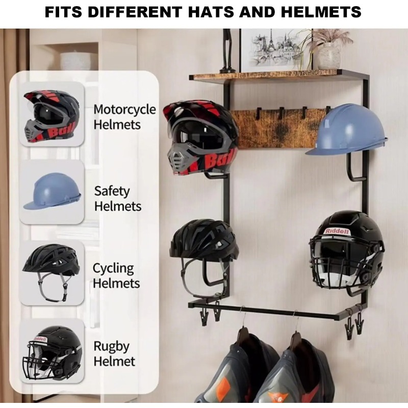木製カラーのオートバイヘルメット壁掛けホルダー（4つの帽子ス - Motorcycle Gear Display Rack のレビューと価格
