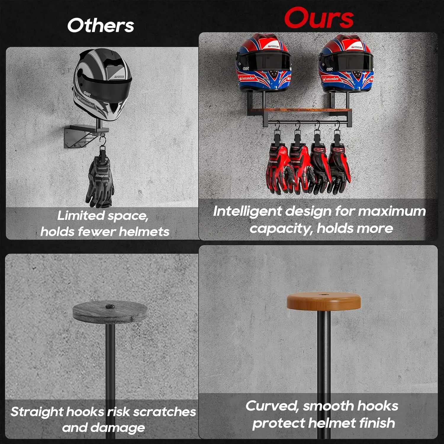 デュアルオートバイヘルメットラック、壁掛け木製ディスプレイス - Motorcycle Gear Display Rack のレビューと価格