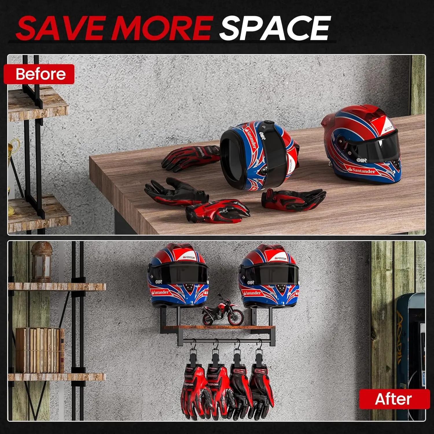 デュアルオートバイヘルメットラック、壁掛け木製ディスプレイス - Motorcycle Gear Display Rack のレビューと価格