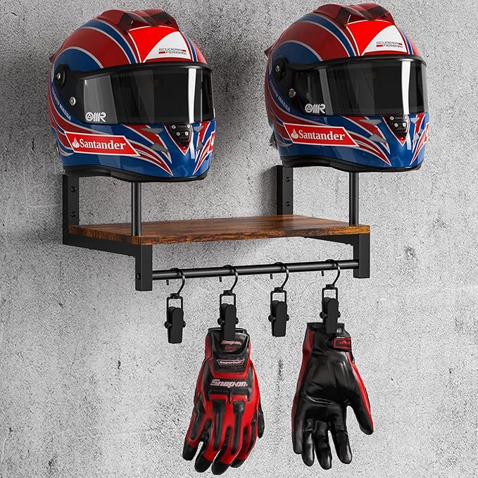 壁掛け式ヘルメットホルダー 木製バイク用品ディスプレイラック - Motorcycle Gear Display Rack のレビューと価格