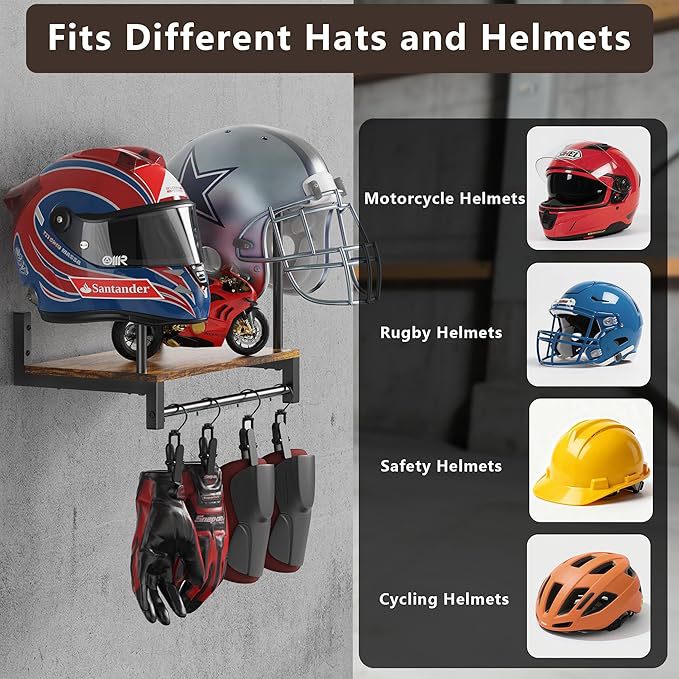壁掛け式ヘルメットホルダー 木製バイク用品ディスプレイラック - Motorcycle Gear Display Rack のレビューと価格